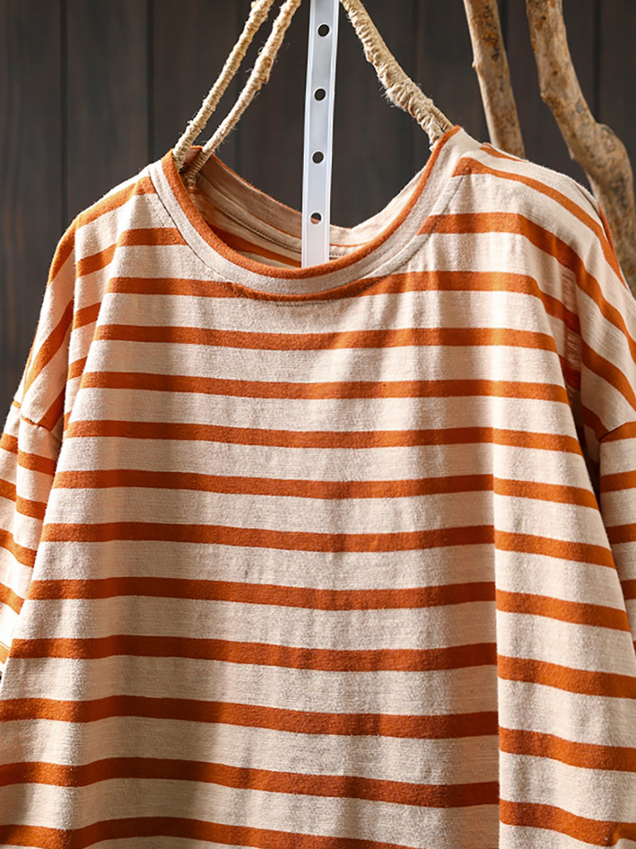 Casual Summer O-Neck Shirt Stripe Colorblock Women Cotton