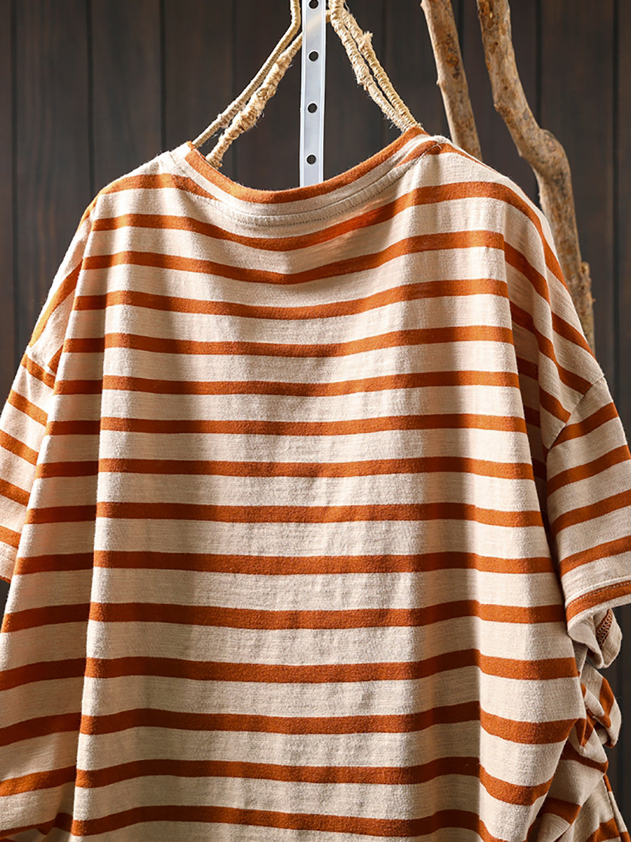 Casual Summer O-Neck Shirt Stripe Colorblock Women Cotton