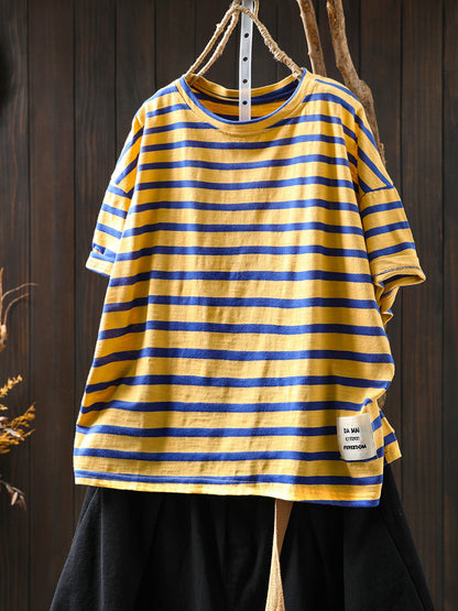 Casual Summer O-Neck Shirt Stripe Colorblock Women Cotton