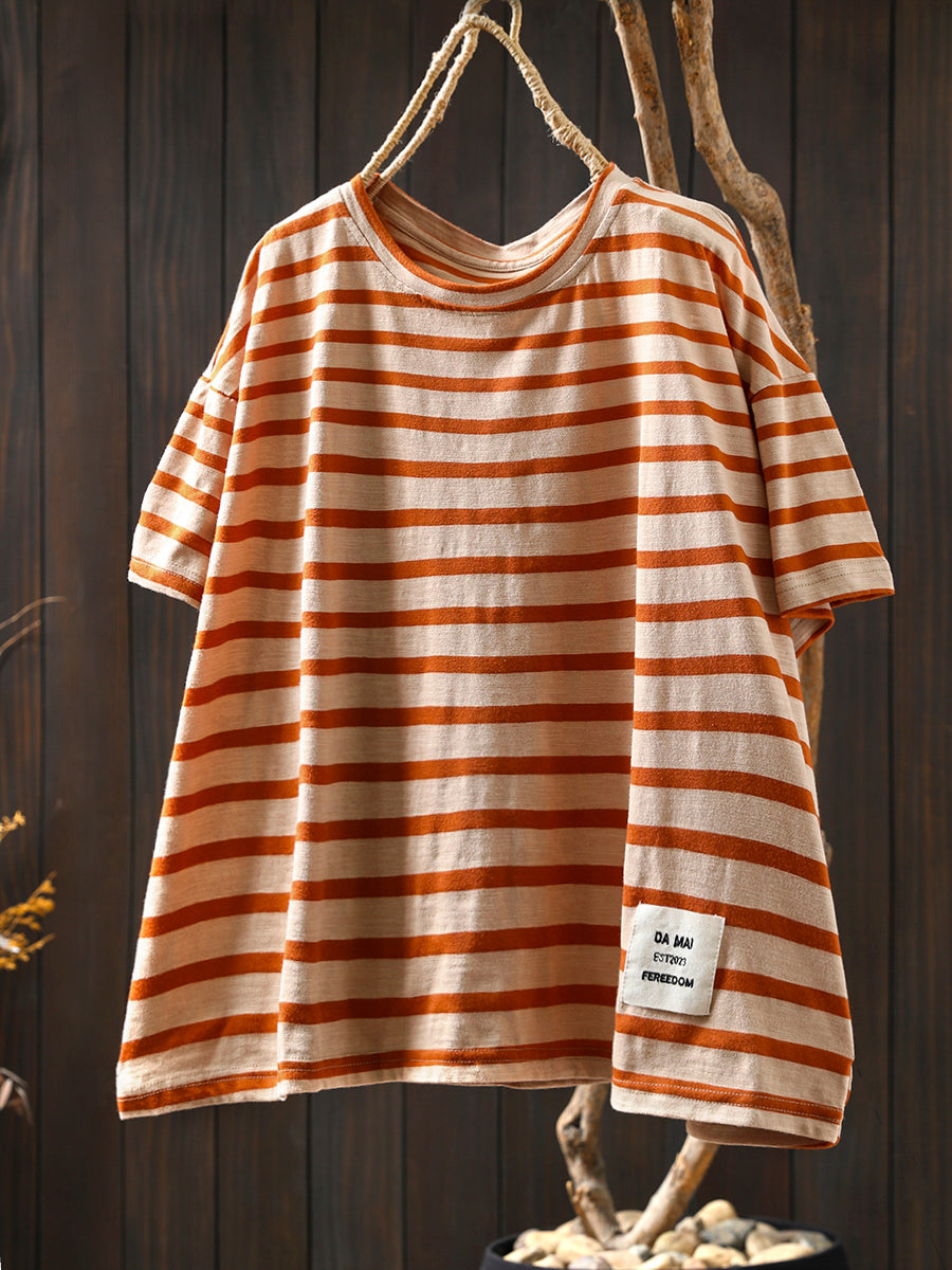 Casual Summer O-Neck Shirt Stripe Colorblock Women Cotton