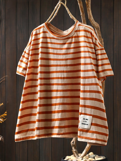 Casual Summer O-Neck Shirt Stripe Colorblock Women Cotton
