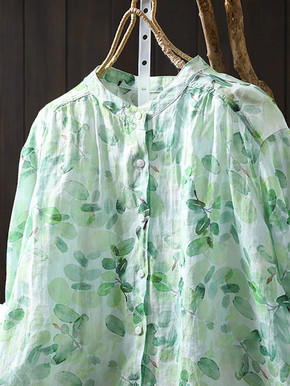 Flower Collar Shirt Women Summer 100%Ramie Stand Artsy