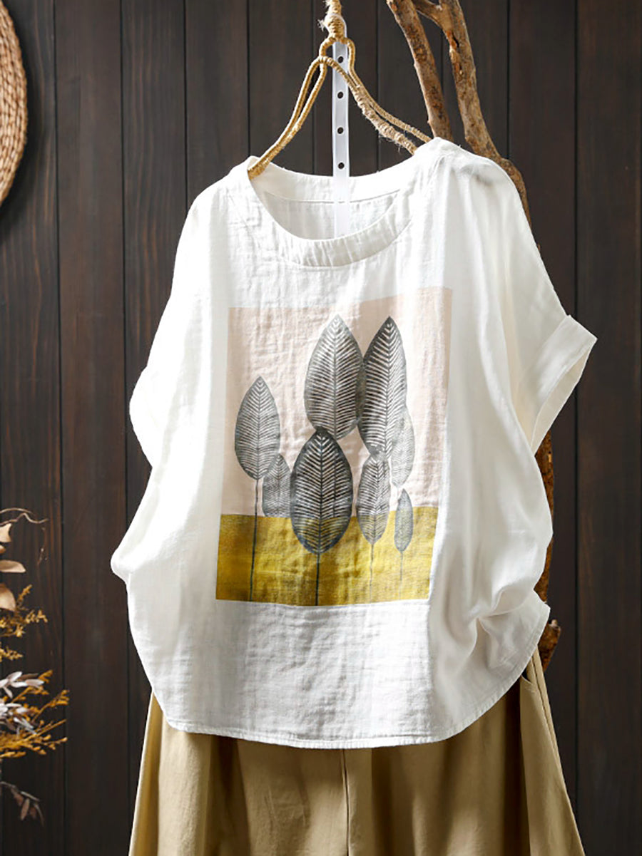 Shirt Summer Print Women Cotton O-Neck Casual
