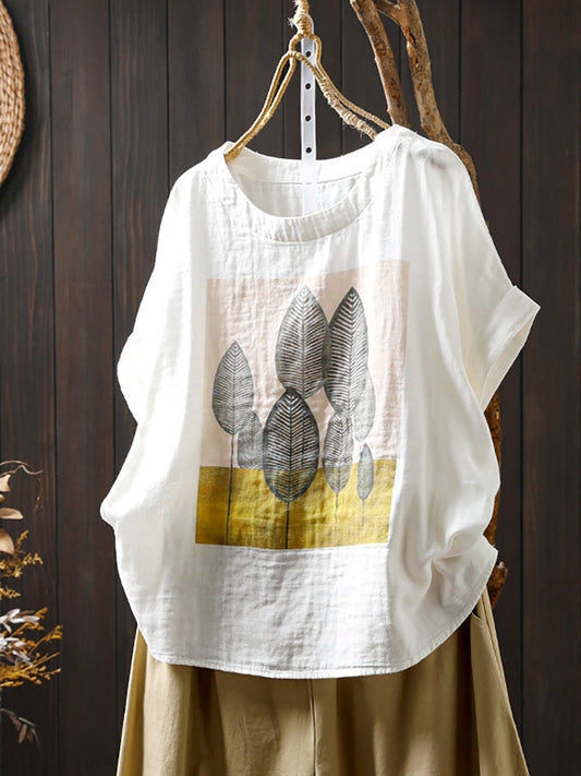 Shirt Summer Print Women Cotton O-Neck Casual