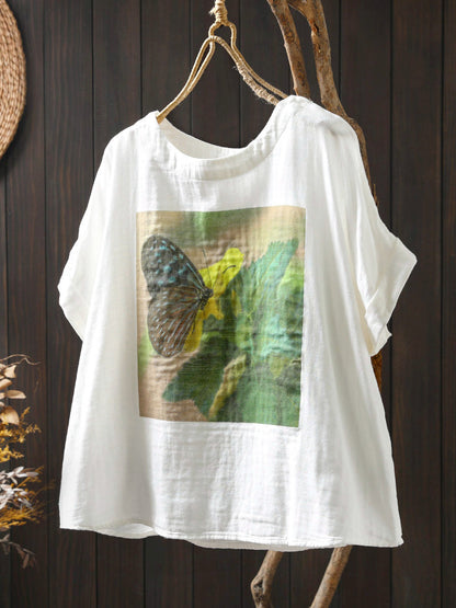 Shirt Summer Print Women Cotton O-Neck Casual