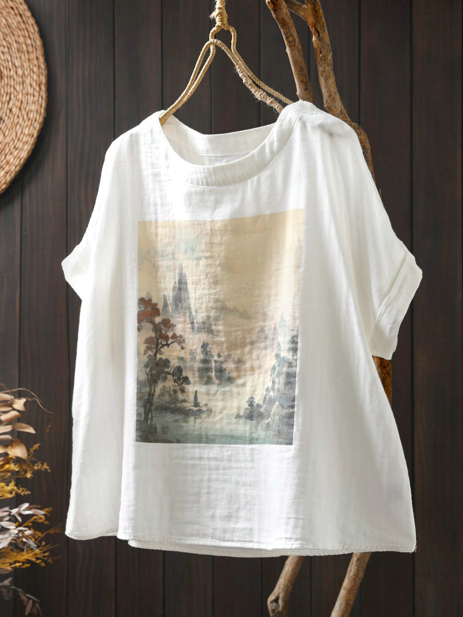 Shirt Summer Print Women Cotton O-Neck Casual