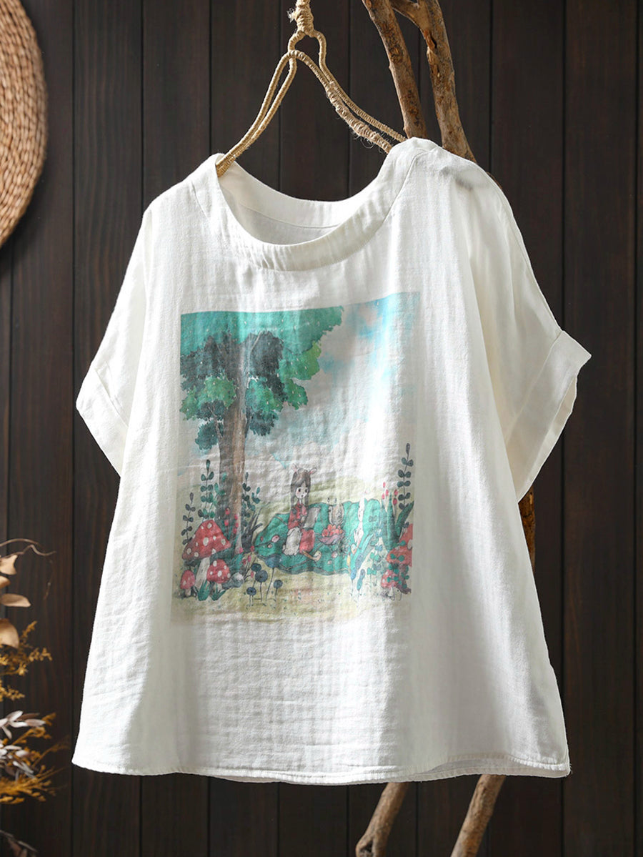 Shirt Summer Print Women Cotton O-Neck Casual