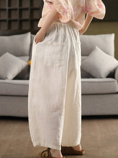 Pants Women Casual Summer Color 100%Linen Pure Wide-leg