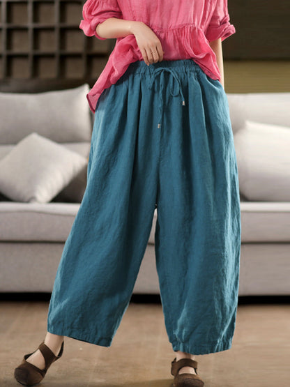 Pants Women Casual Summer Color 100%Linen Pure Wide-leg