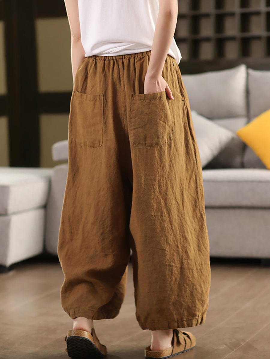 Pants Women Casual Summer Color 100%Linen Pure Wide-leg