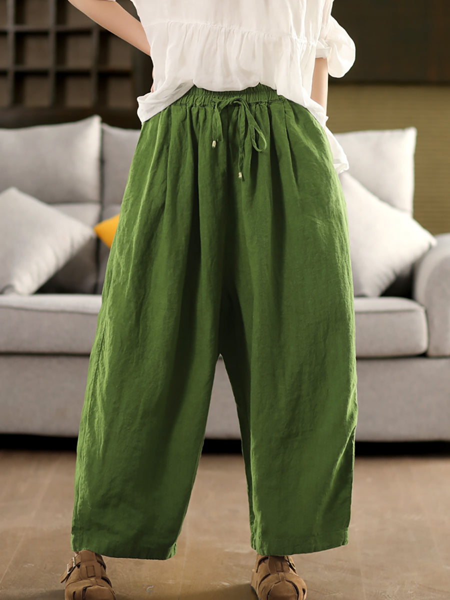 Pants Women Casual Summer Color 100%Linen Pure Wide-leg