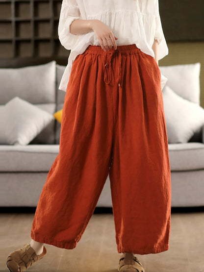Pants Women Casual Summer Color 100%Linen Pure Wide-leg