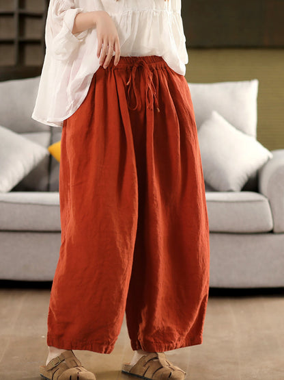 Pants Women Casual Summer Color 100%Linen Pure Wide-leg