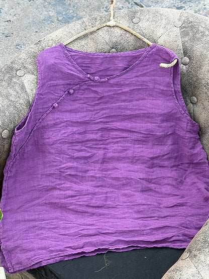 Women Pure Vest 100%Linen Summer O-Neck Color