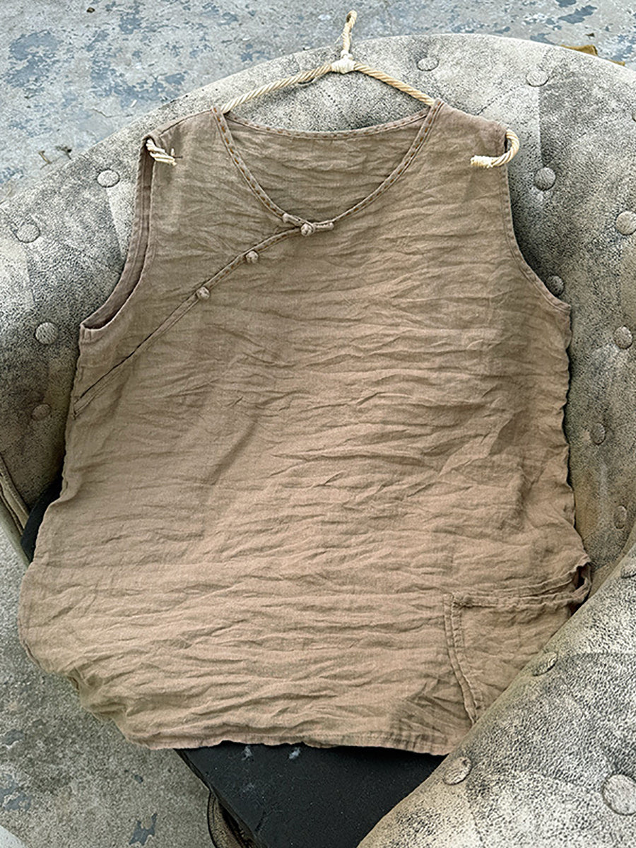 Women Pure Vest 100%Linen Summer O-Neck Color