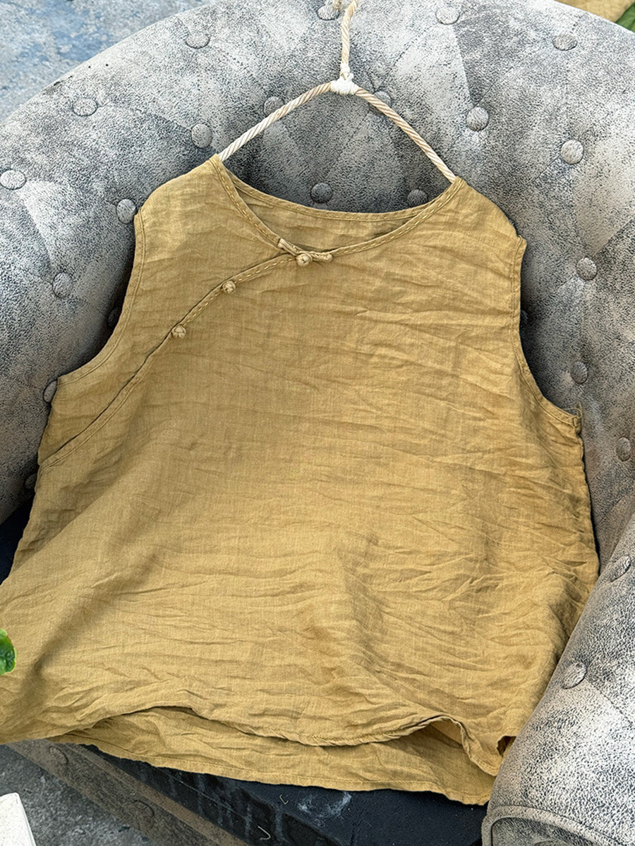Women Pure Vest 100%Linen Summer O-Neck Color