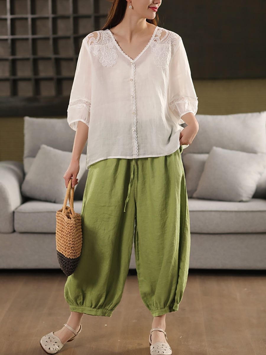 Summer Color 100%Linen Women Pure Harem Casual Pants