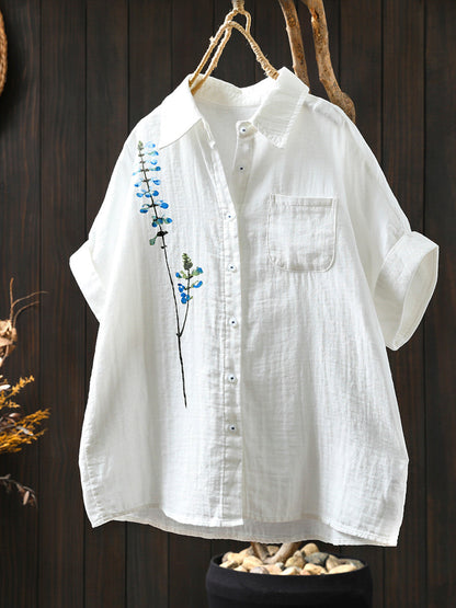 Shirt Tun-down 100%Cotton Artsy Women Flower Collar