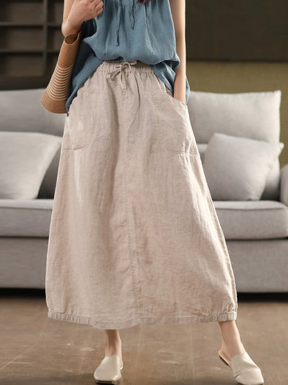 Pure Women Color 100%Linen Skirt Summer