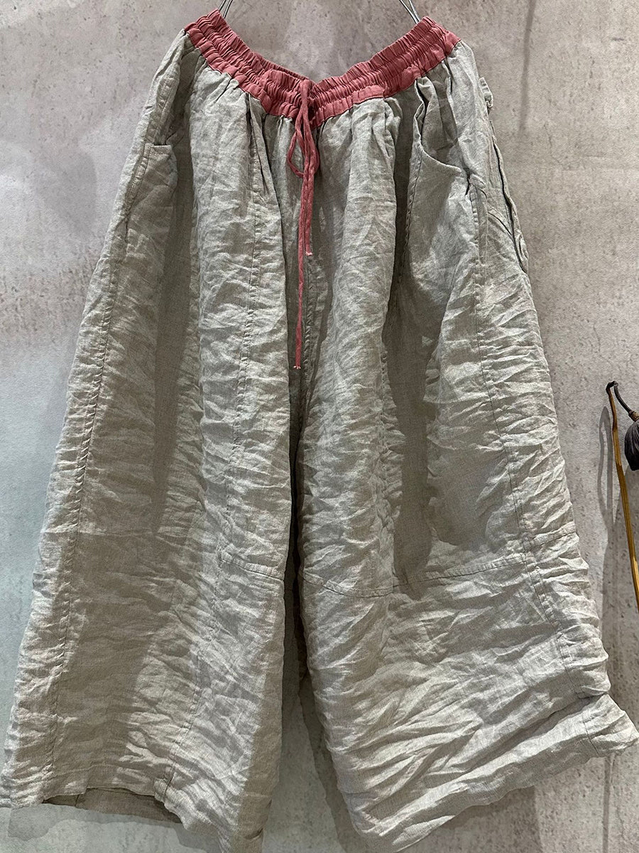 Summer Wide-leg Pants Colorblock Women Linen