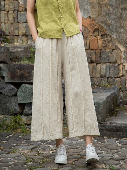 Wide-leg Ramie Summer Women Pants Raw-edge Worn