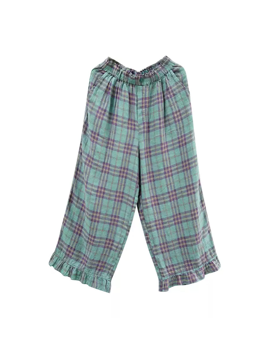 Artsy Pants Straight Women Summer Plaid 100%Linen