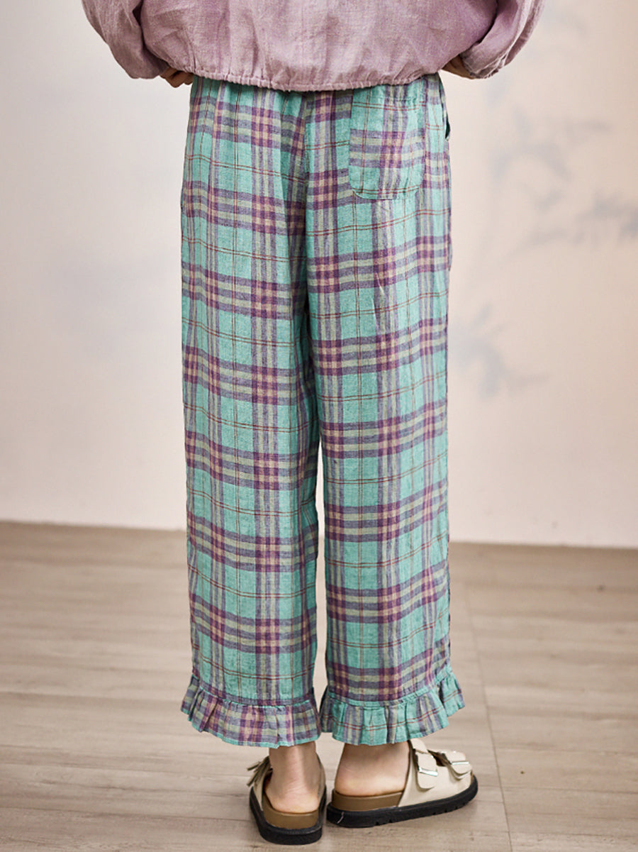 Artsy Pants Straight Women Summer Plaid 100%Linen