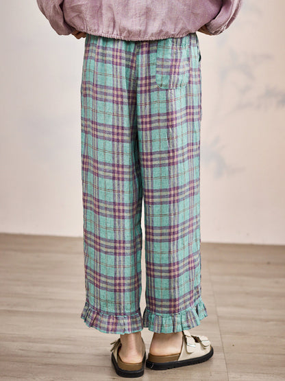 Artsy Pants Straight Women Summer Plaid 100%Linen