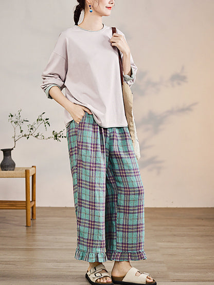 Artsy Pants Straight Women Summer Plaid 100%Linen