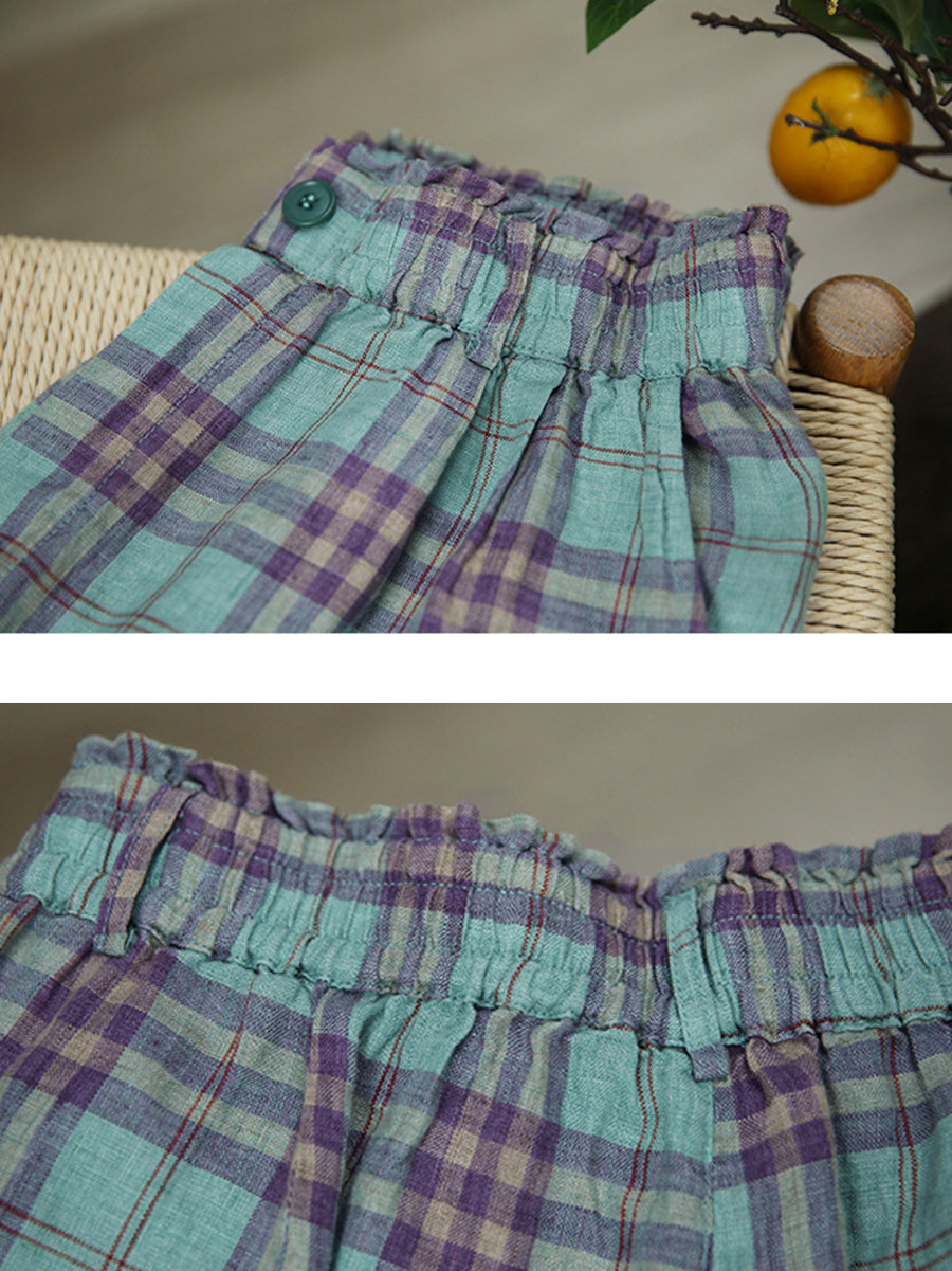 Artsy Pants Straight Women Summer Plaid 100%Linen