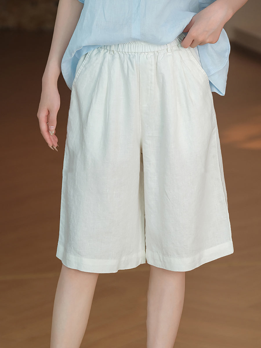 Women Casual Color 100%Linen Pure Fifth Summer Pants