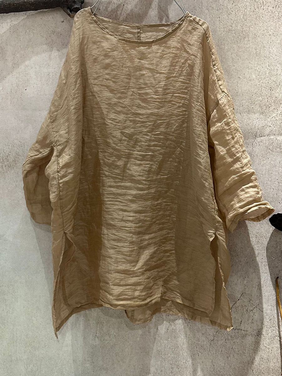 Women Artsy Shirt Ramie Summer O-Neck Pure Color