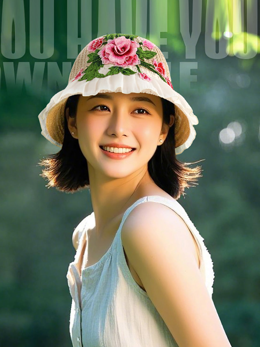 Flower Lace Spliced Women Sunproof Embroidery Ethnic Hat