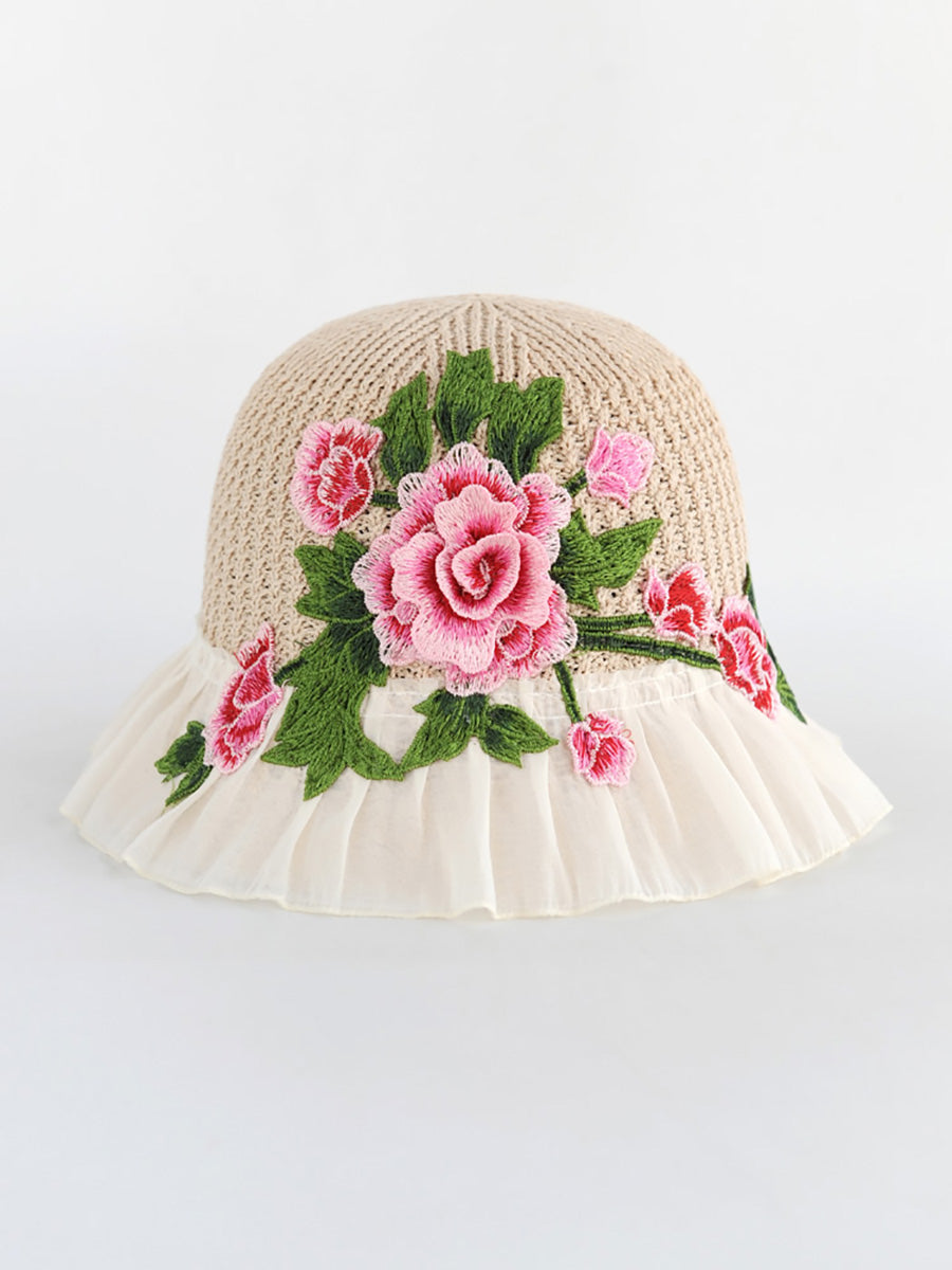 Flower Lace Spliced Women Sunproof Embroidery Ethnic Hat
