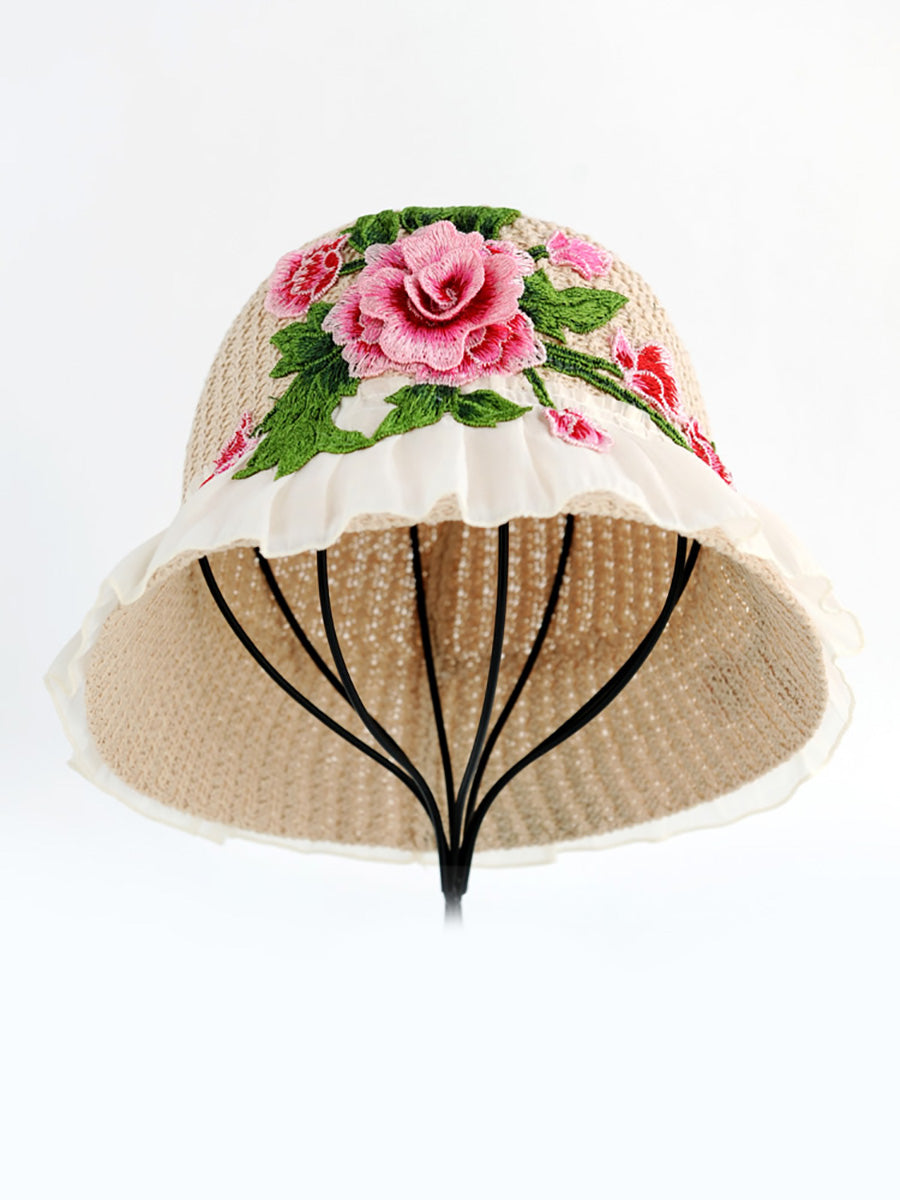Flower Lace Spliced Women Sunproof Embroidery Ethnic Hat