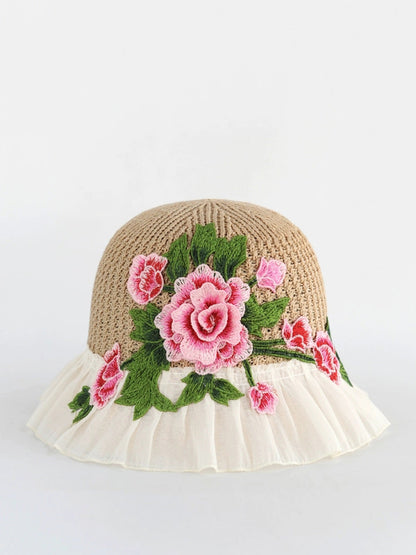 Flower Lace Spliced Women Sunproof Embroidery Ethnic Hat