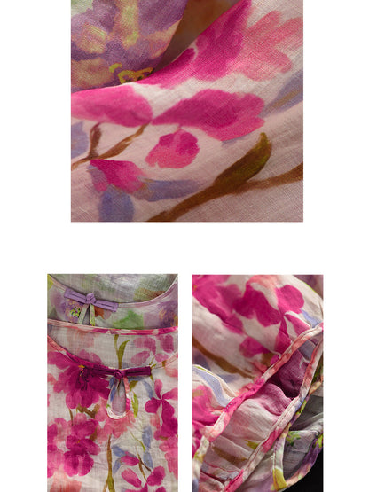 Flower Summer Shirt 100%Ramie O-Neck Artsy Women