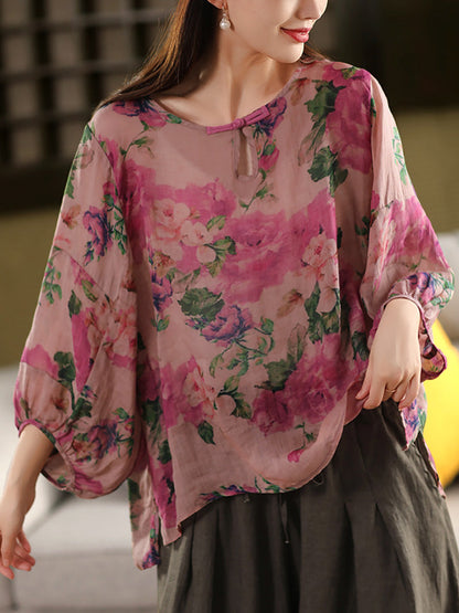 Flower Summer Shirt 100%Ramie O-Neck Artsy Women