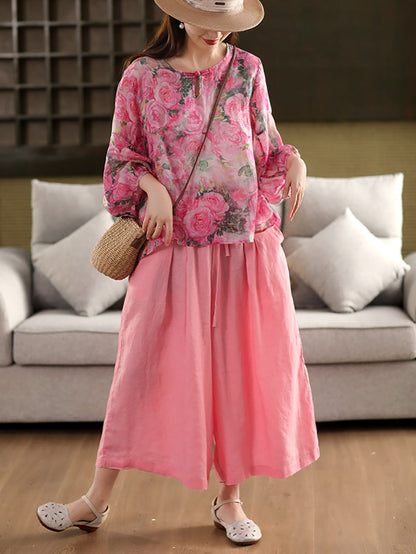 Flower Summer Shirt 100%Ramie O-Neck Artsy Women