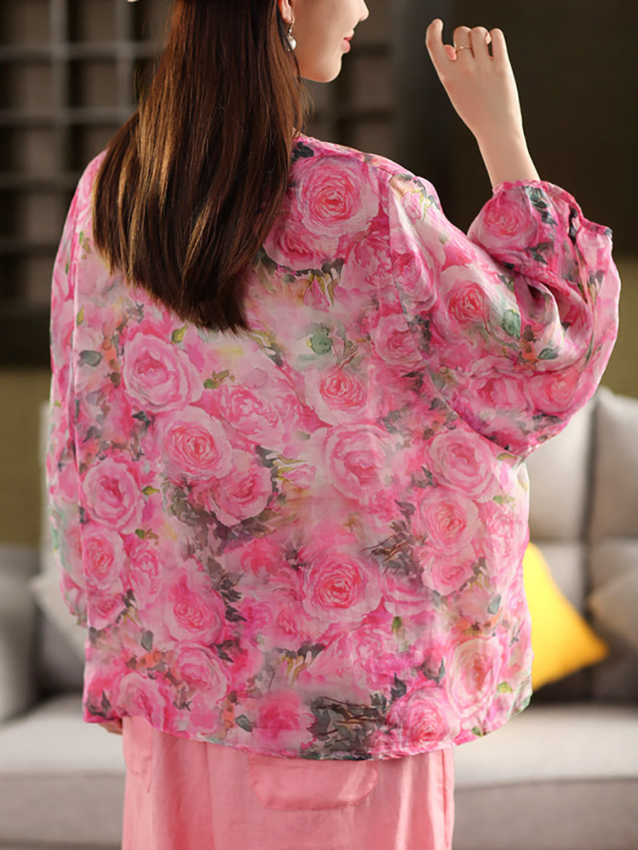 Flower Summer Shirt 100%Ramie O-Neck Artsy Women
