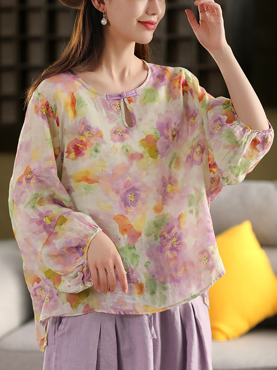 Flower Summer Shirt 100%Ramie O-Neck Artsy Women