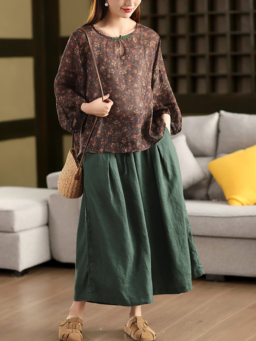 Flower Summer Shirt 100%Ramie O-Neck Artsy Women