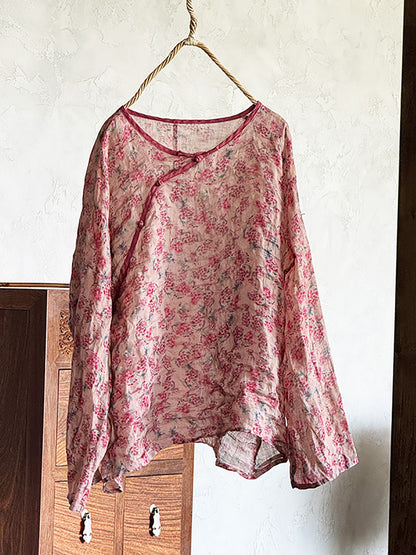 Shirt Women Floral O-Neck Ramie Summer Artsy