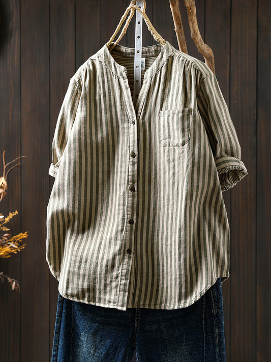 V-Neck Casual 100%Cotton Women Stripe Shirt Summer