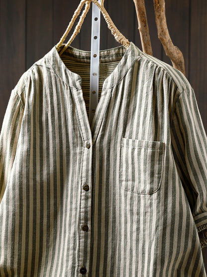 V-Neck Casual 100%Cotton Women Stripe Shirt Summer