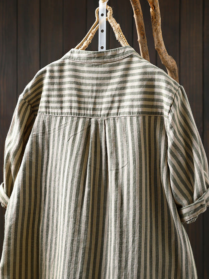 V-Neck Casual 100%Cotton Women Stripe Shirt Summer