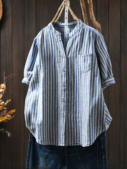 V-Neck Casual 100%Cotton Women Stripe Shirt Summer