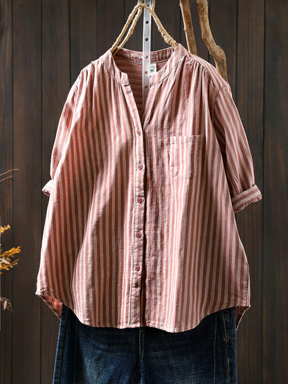 V-Neck Casual 100%Cotton Women Stripe Shirt Summer