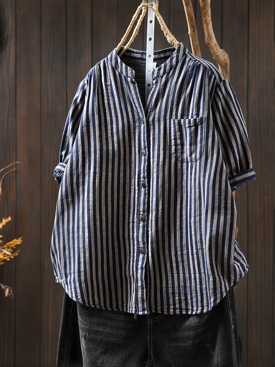V-Neck Casual 100%Cotton Women Stripe Shirt Summer