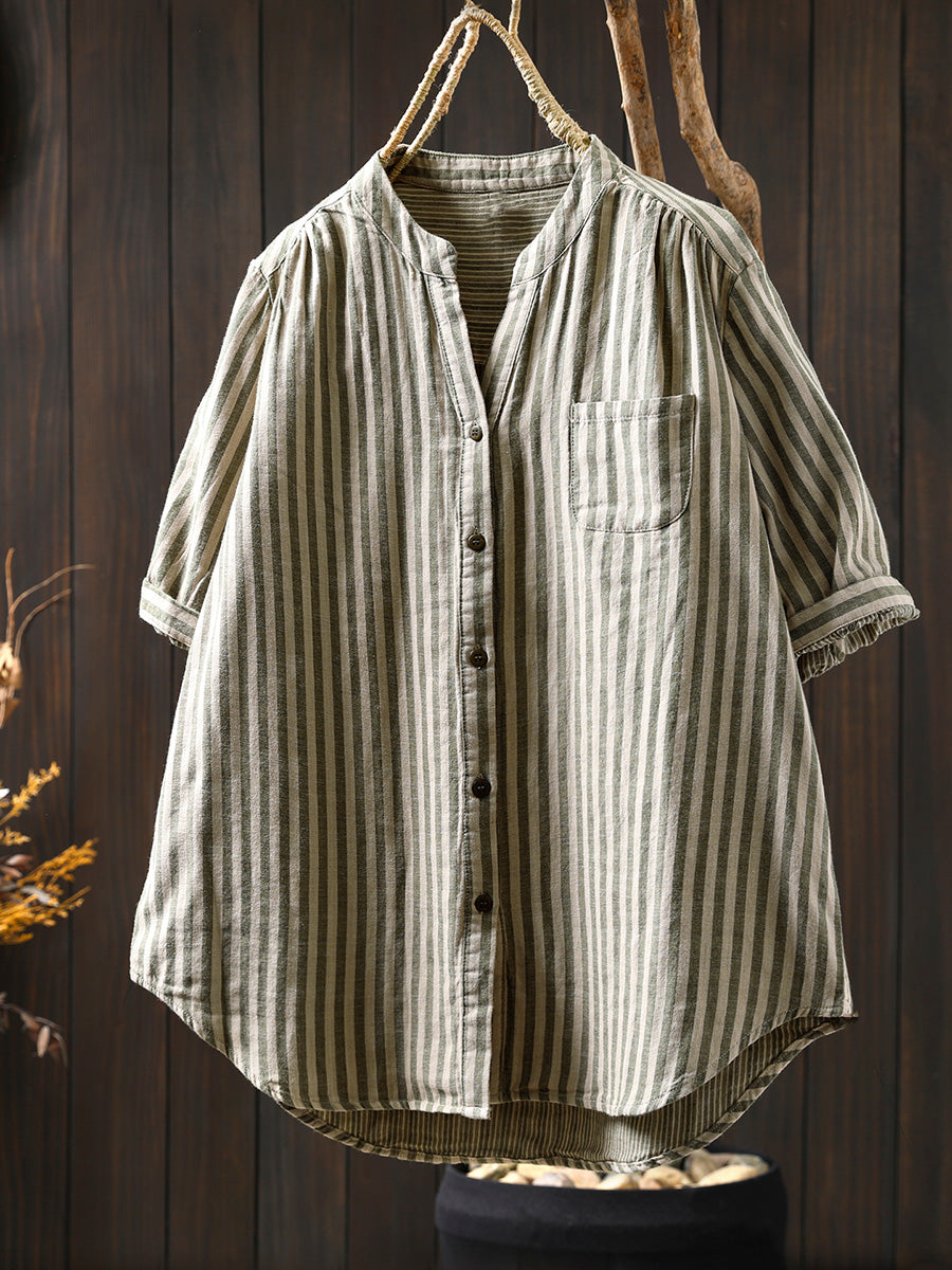 V-Neck Casual 100%Cotton Women Stripe Shirt Summer